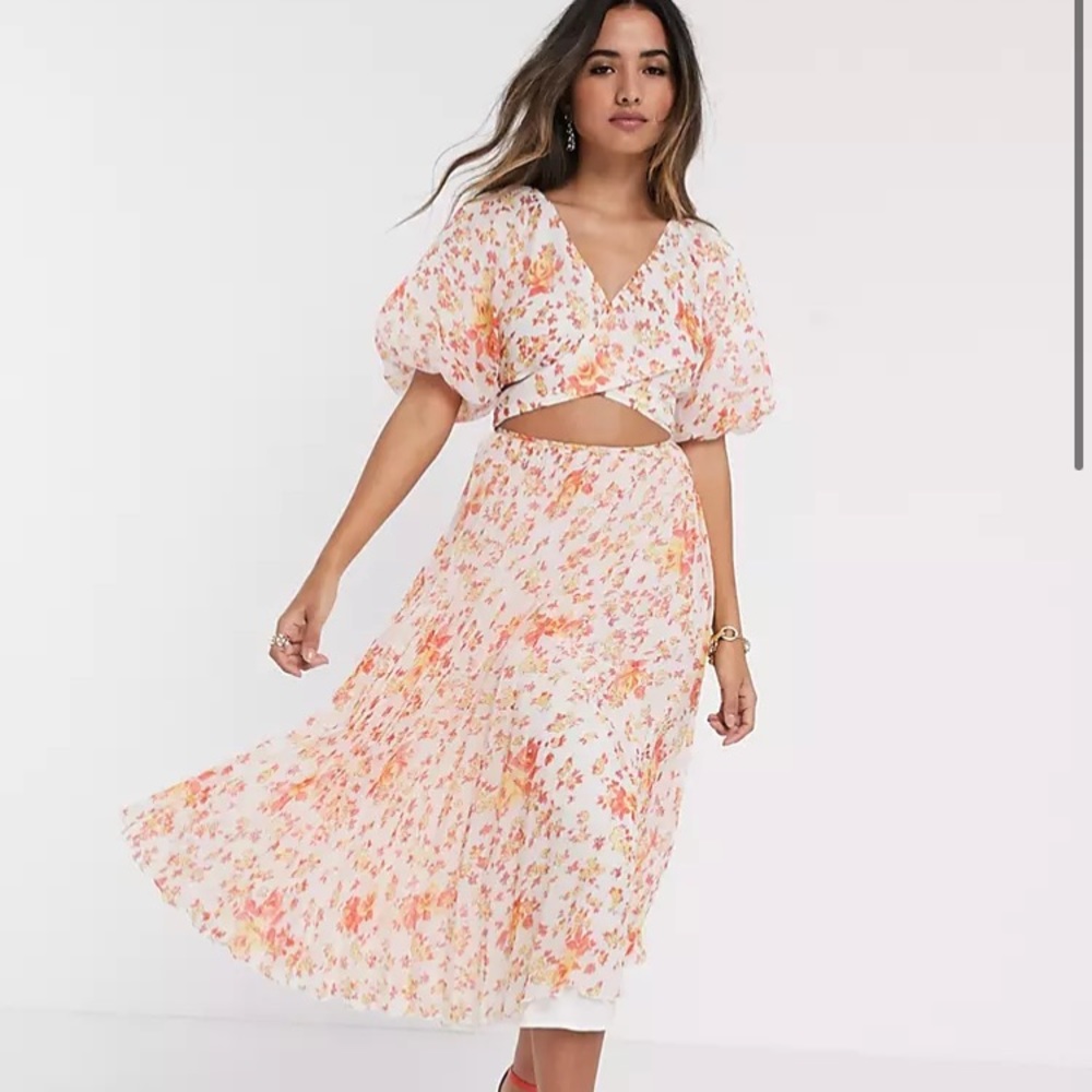 ASOS wrap around pleated midi dress in cream with orange and yellow floral print